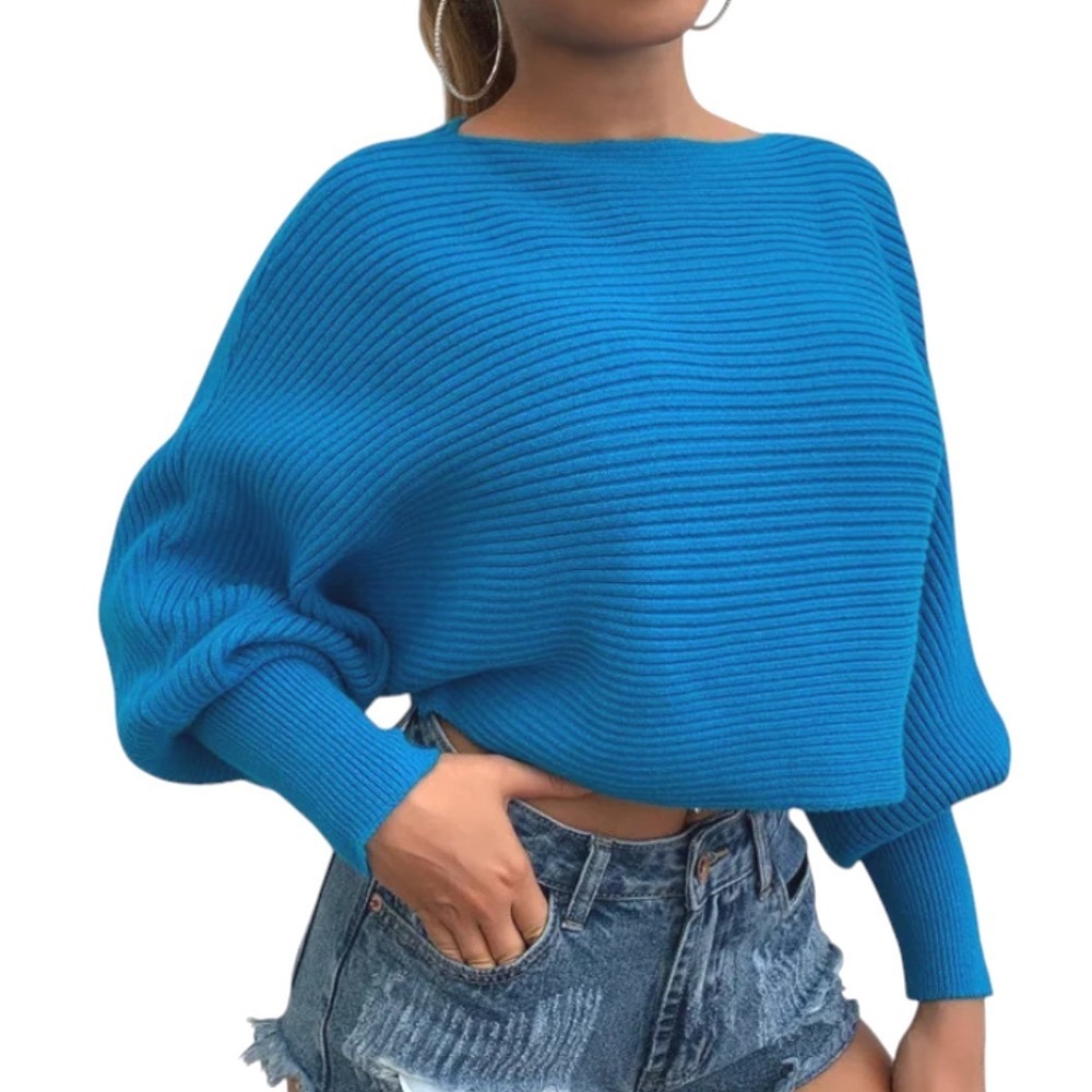 PINK ROSE Turquoise Blue CROPPED SWEATER Dolman/Batwing Sleeves WIDE RIBBED sz S